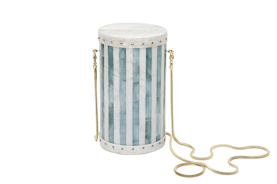 Nathalie Trad Alexis Clutch Bag-Teal Hammer shell and Kabibe shell clutch with brass detail. It has the option to come without, or with a handcrafted shell chain handle