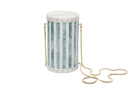 Nathalie Trad Alexis Clutch Bag-Teal Hammer shell and Kabibe shell clutch with brass detail. It has the option to come without, or with a handcrafted shell chain handle