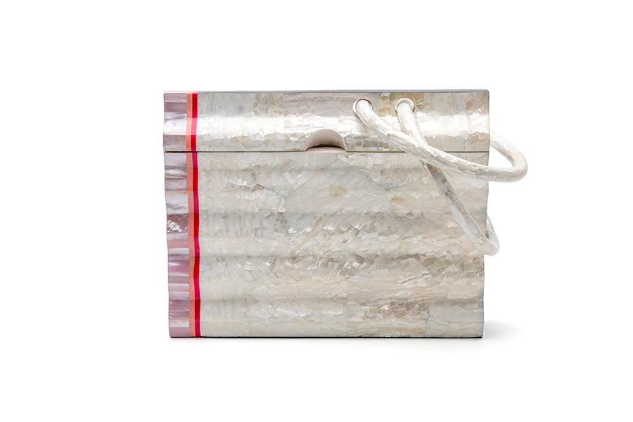 Nathalie Trad Salvador Clutch Bag- Kabibe shell clutch with Black Tab, Cherry Resin and Rose Hammer shell details.