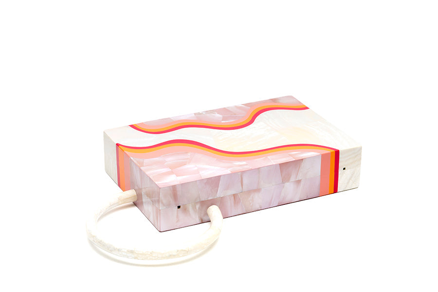 Nathalie Trad Sol Clutch Bag- Kabibe shell clutch bag with rose hammer shell, fruit punch resin details