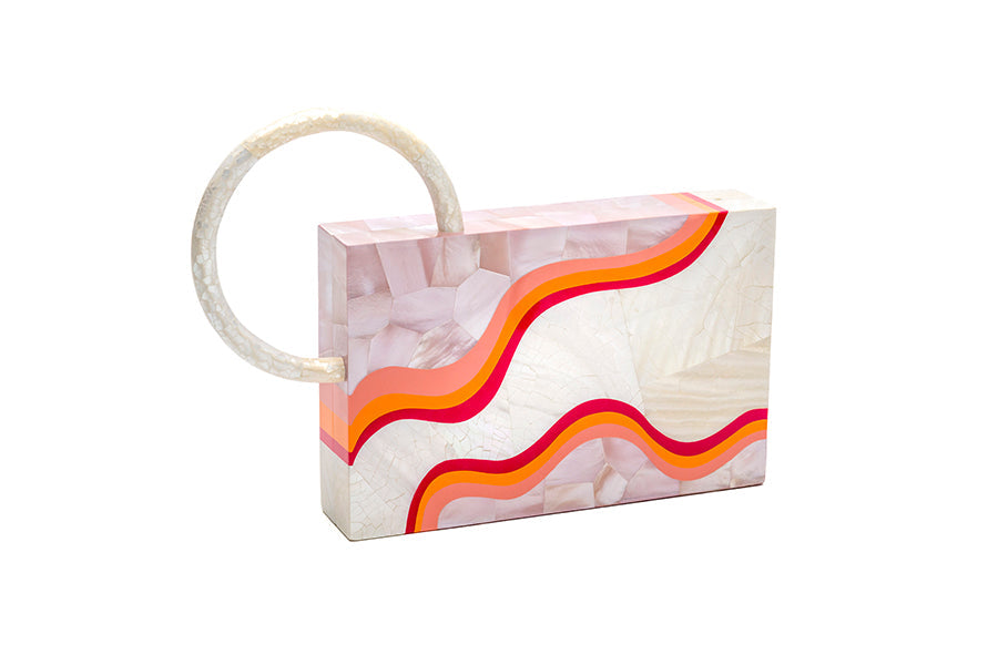 Nathalie Trad Sol Clutch Bag- Kabibe shell clutch bag with rose hammer shell, fruit punch resin details