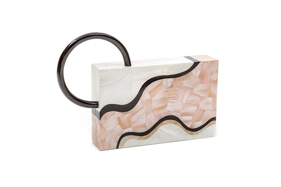 Nathalie Trad Sol Clutch Bag- Kabibe shell clutch bag with Blush Hammer shell, Black Tab shell and stone details