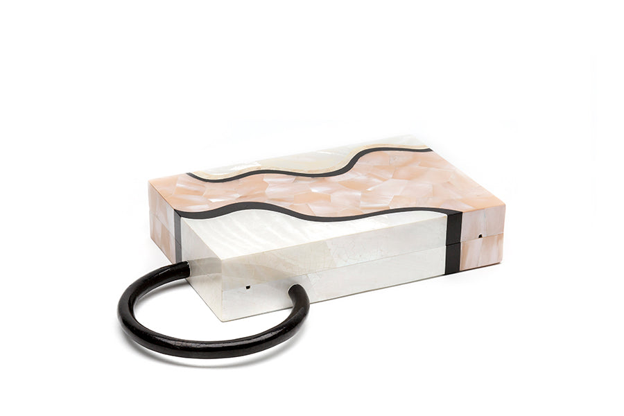 Nathalie Trad Sol Clutch Bag- Kabibe shell clutch bag with Blush Hammer shell, Black Tab shell and stone details