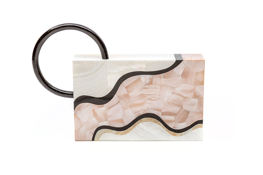 Nathalie Trad Sol Clutch Bag- Kabibe shell clutch bag with Blush Hammer shell, Black Tab shell and stone details