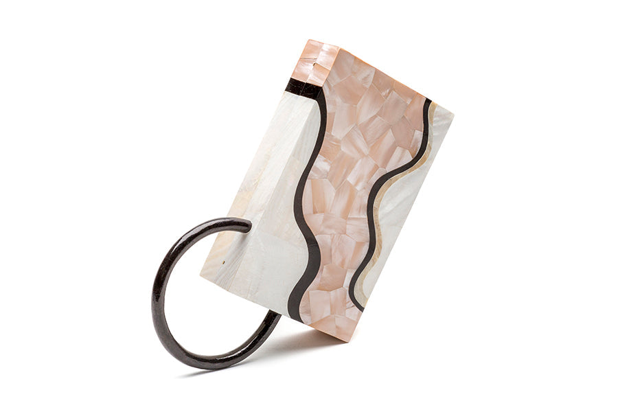 Nathalie Trad Sol Clutch Bag- Kabibe shell clutch bag with Blush Hammer shell, Black Tab shell and stone details